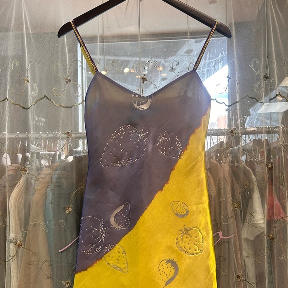 area blue yellow bedazzled strawberry mini dress beaded straps - Picture 2 of 11